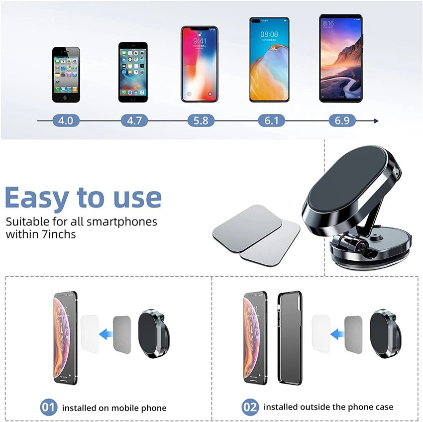 Metal Magnetic Car Phone Holder, Rotatable, Foldable Universal Mobile Phone Magnet Mount