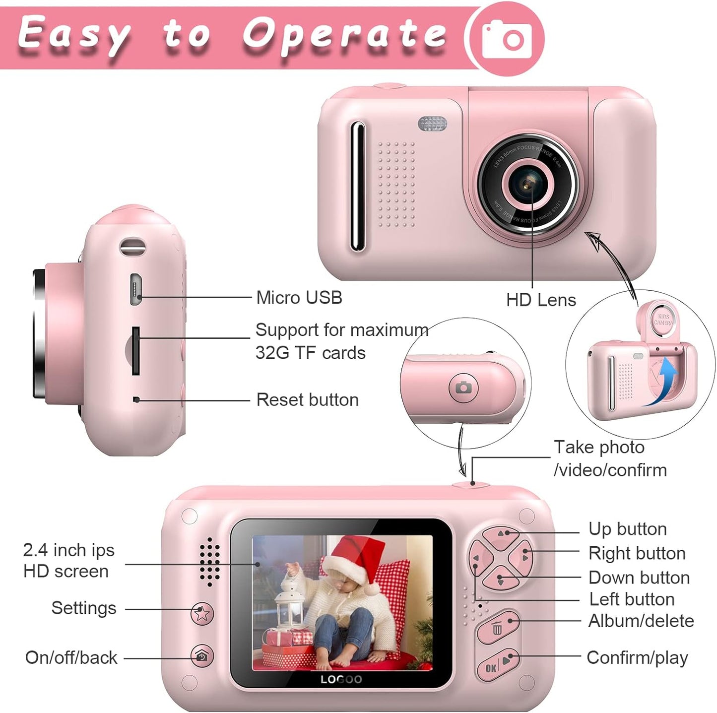 Kids Camera, Children Digital Selfie Camera For 3-12 Year Old Girls Boys With 20MP Photo Resolution, 1080P HD Video Camera With 32GB SD Card And Selfie Stick