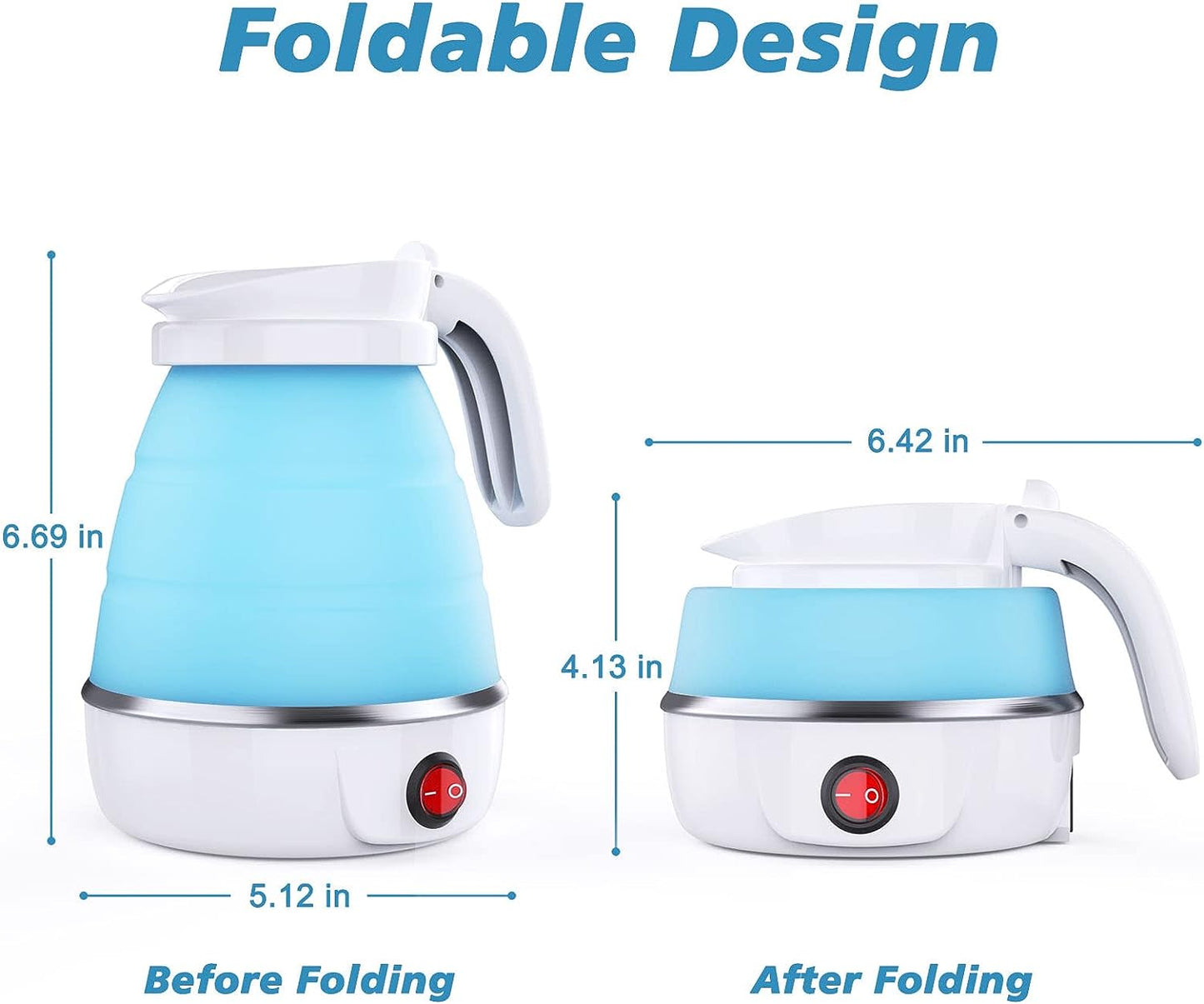 Foldable Collapsible Electric Kettle Mini Travel Silicone Water Boiler for Hot Drinks, Blue