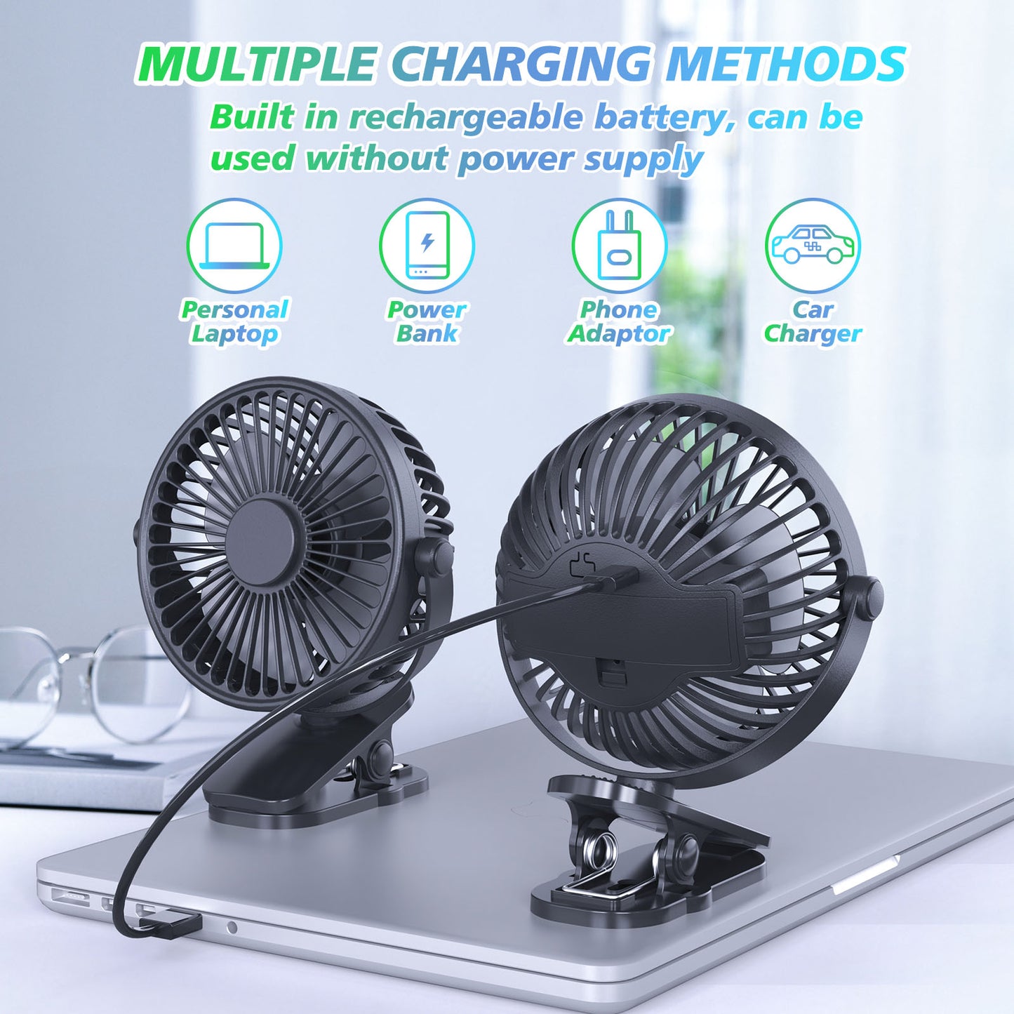 Portable Clip On 3 Speed Rechargeable Mini Table Fan, for Home Office Travel Outdoor