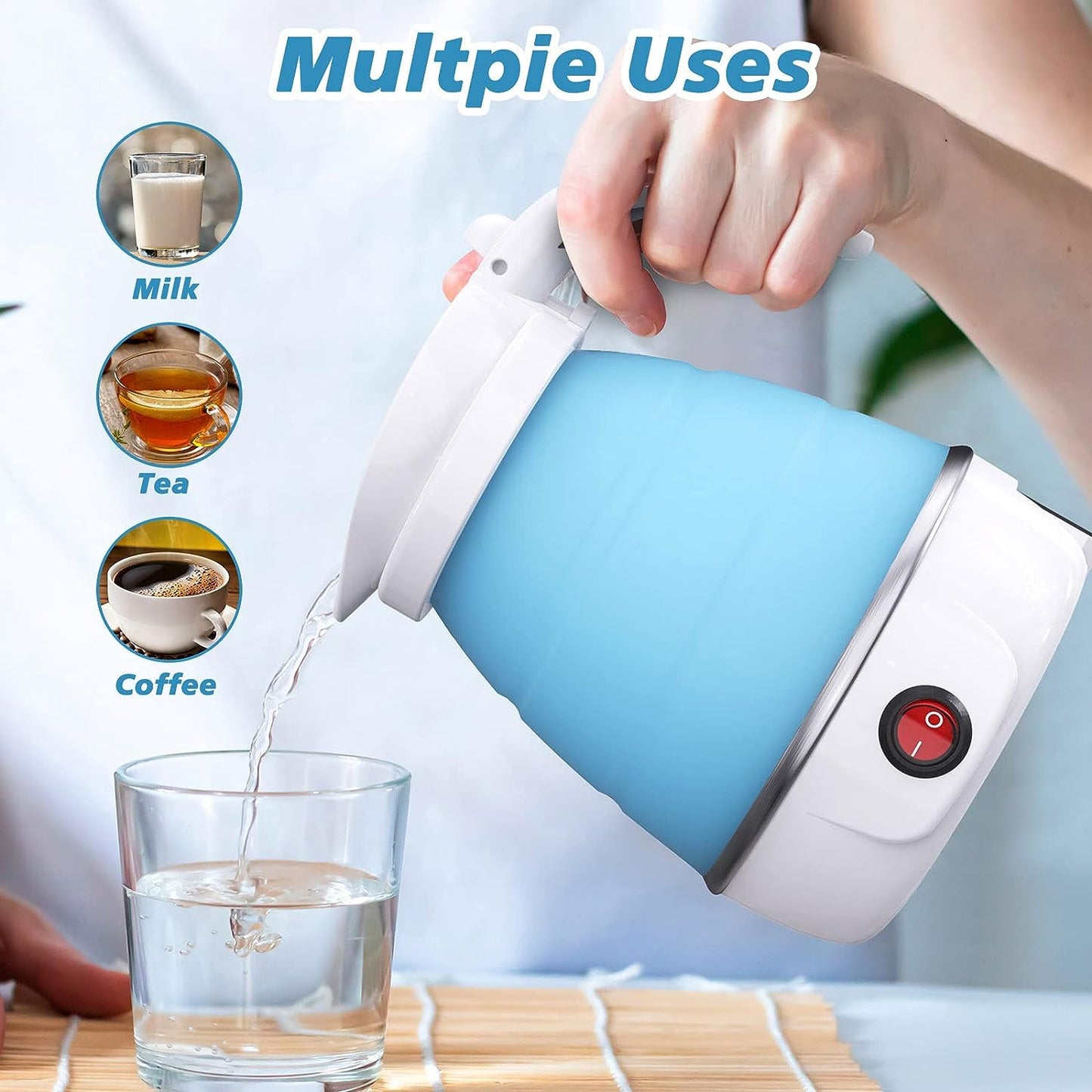 Foldable Collapsible Electric Kettle Mini Travel Silicone Water Boiler for Hot Drinks, Blue