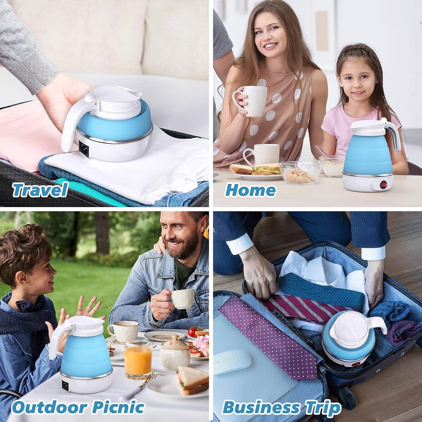 Foldable Collapsible Electric Kettle Mini Travel Silicone Water Boiler for Hot Drinks, Blue