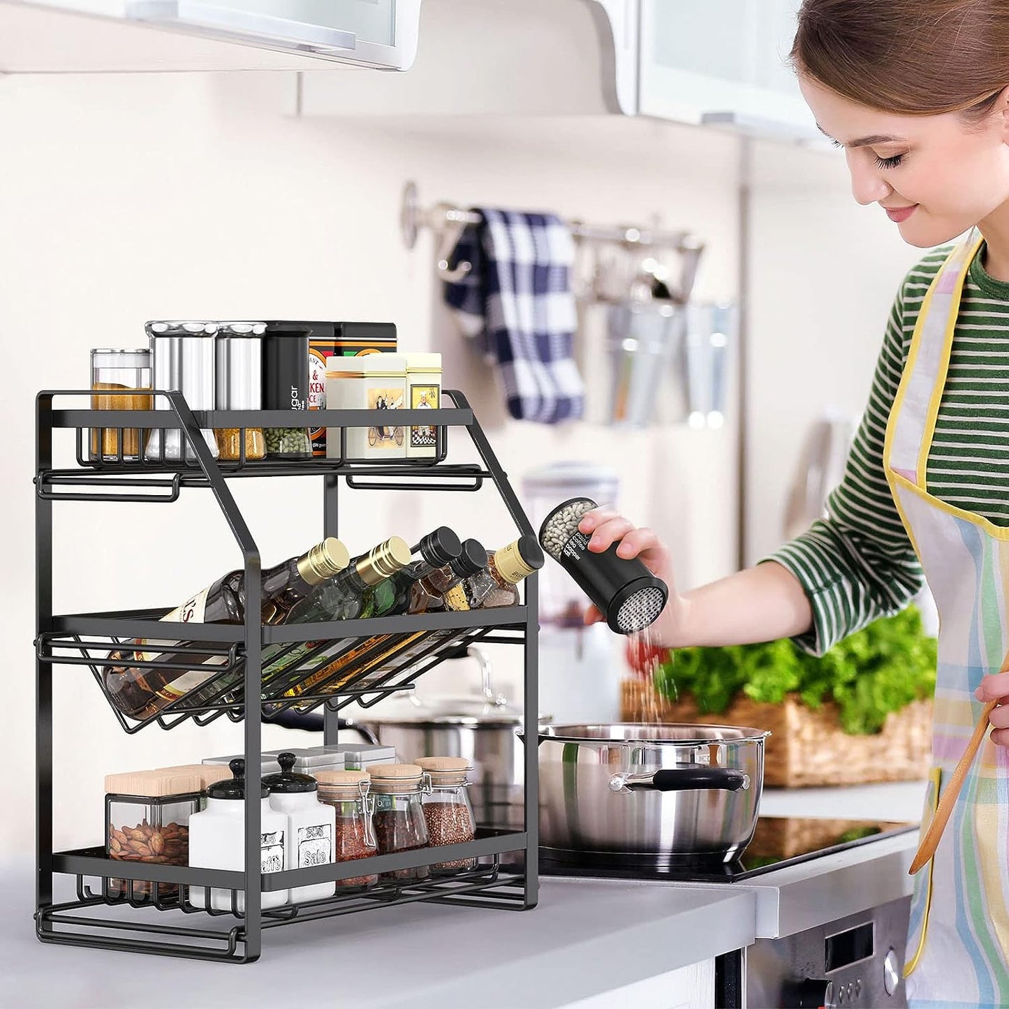 Spice Rack Organizer, 3-Tier Seasoning Organizer, Kitchen Spice Shelf, Countertop Organizer For Bathroom Vanity Kitchen-Black