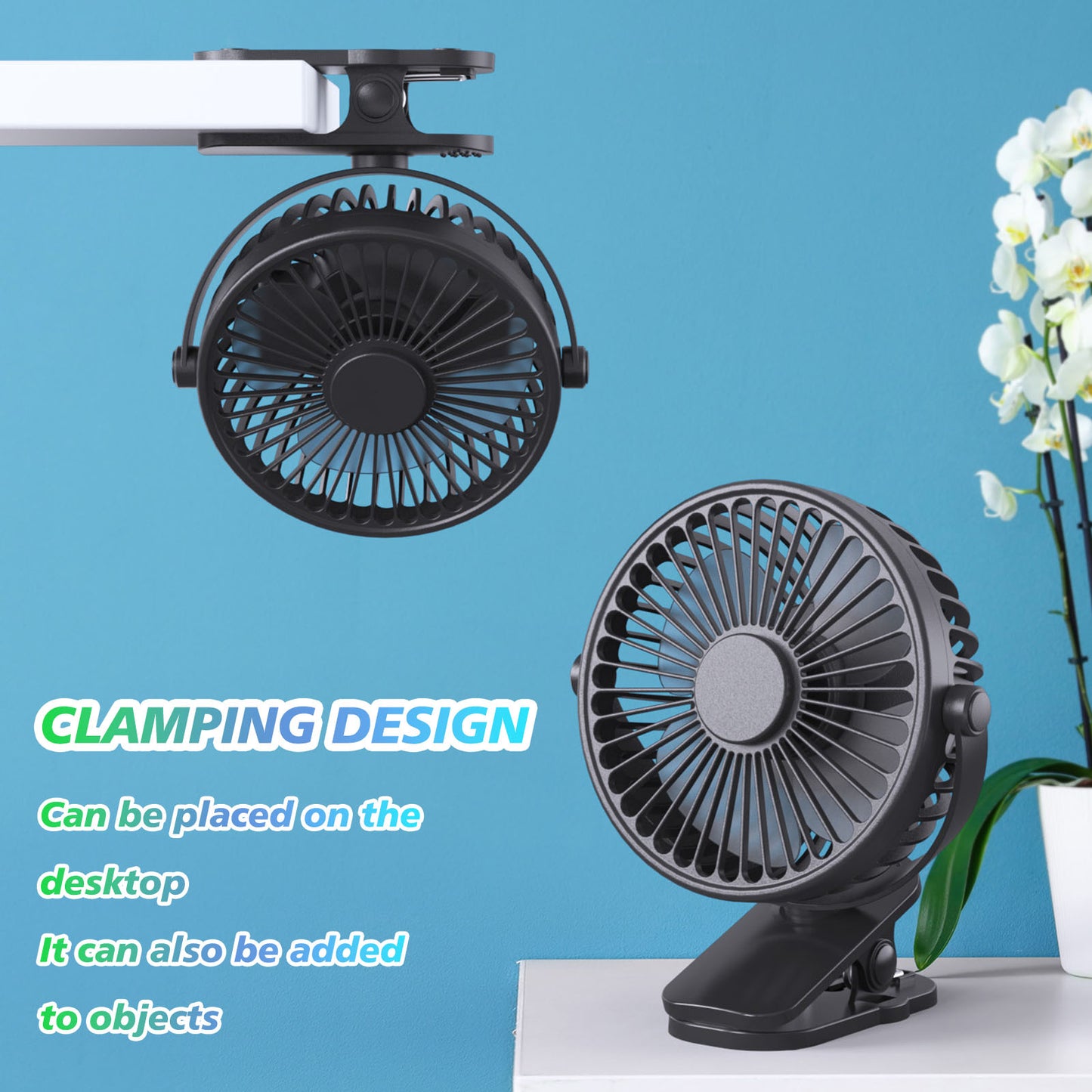 Portable Clip On 3 Speed Rechargeable Mini Table Fan, for Home Office Travel Outdoor