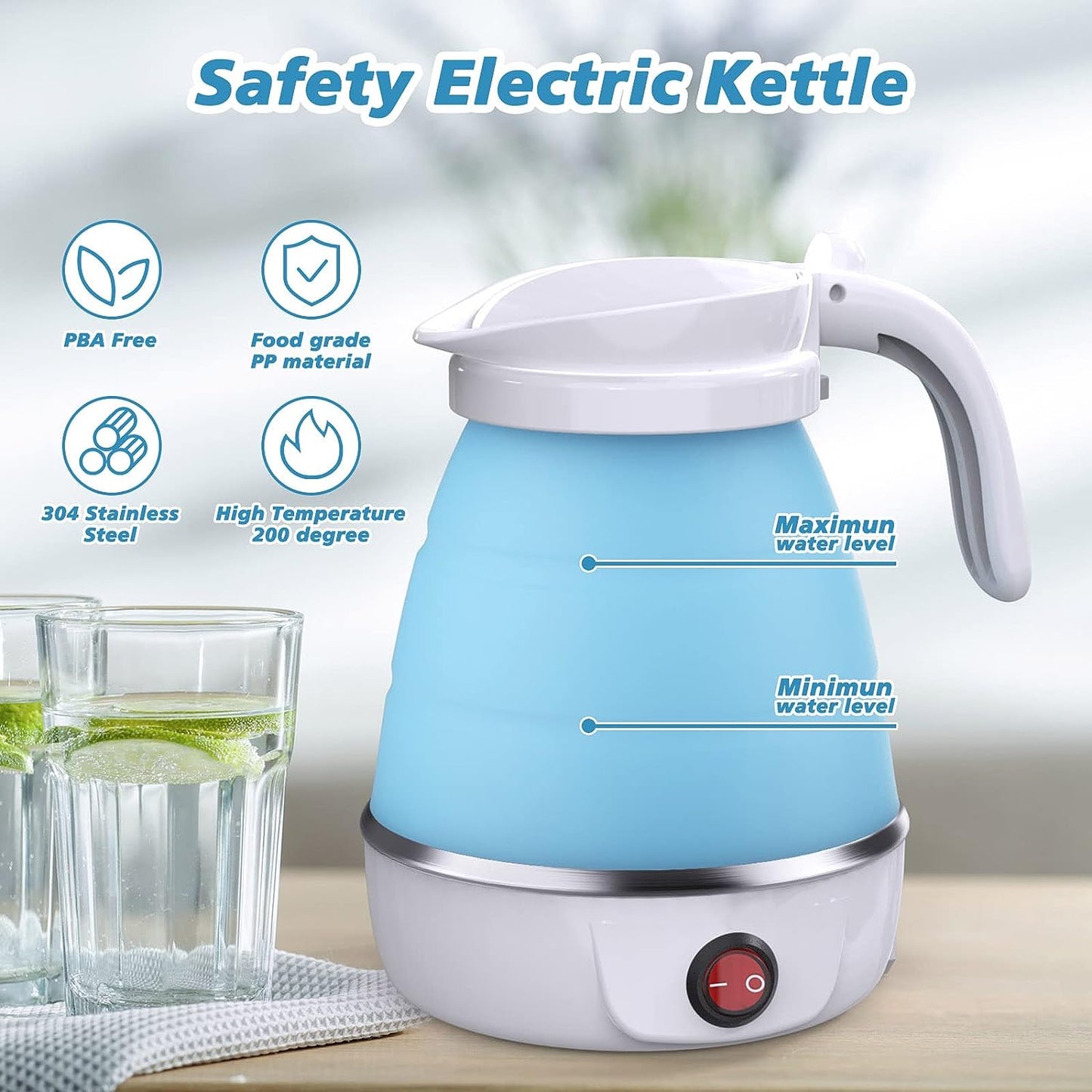 Foldable Collapsible Electric Kettle Mini Travel Silicone Water Boiler for Hot Drinks, Blue